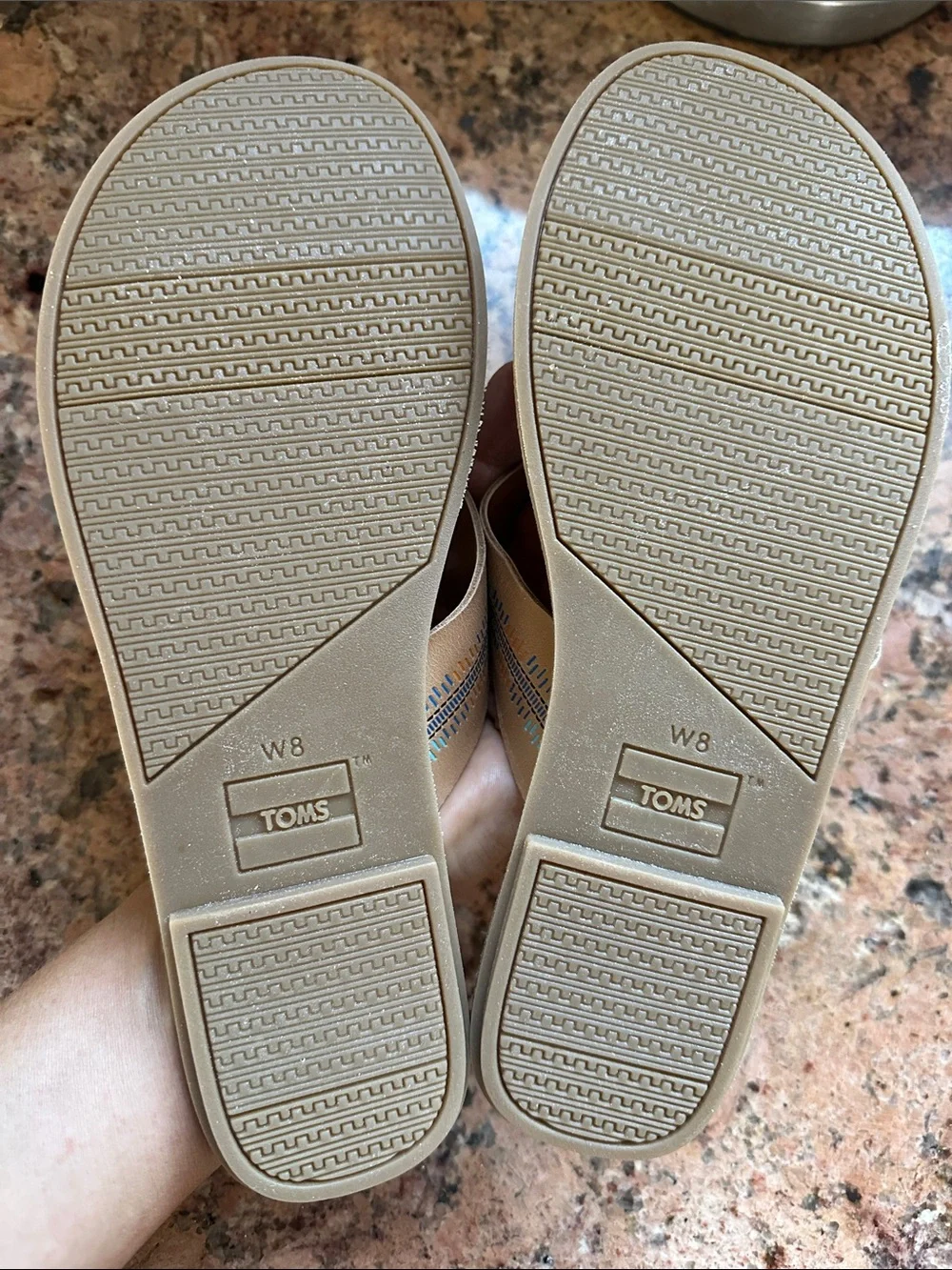 TOMS tan leather crossband slide sandals with colorful blue, aqua & orange print
